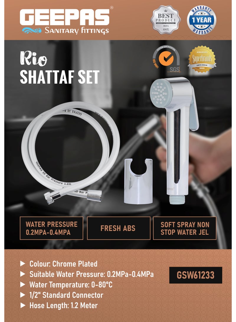 جيباس طقم شطاف ريو – مادة ABS مطلية بالكروم | خرطوم PVC بطول 1.2 متر | نطاق ضغط مياه مناسب من 0.2 إلى 0.4 ميجا باسكال | يتحمل درجات حرارة من 0 إلى 80 درجة مئوية | مناسب للحمامات المنزلية والفنادق | GSW61233 – فضي - Image 2